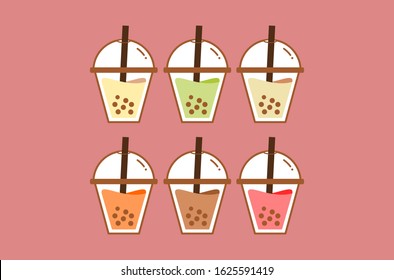 Bubble tea in glass. Milk tea, green tea, brown sugar, thai tea, milk chocolate and milk strawberry