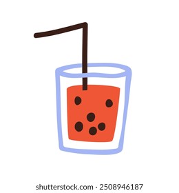 Bubble tea in glass with straw, refreshing summer drink. Cold beverage in simple cute doodle style. Lemonade, kids childlike drawing. Childish flat vector illustration isolated on white background