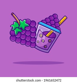 Bubble Tea and Grape Vector Cartoon Illustration. Bubble Tea and Fruit Icon Concept White Isolated. Flat Cartoon Style Suitable for Web Landing Page, Banner, Sticker, and Background