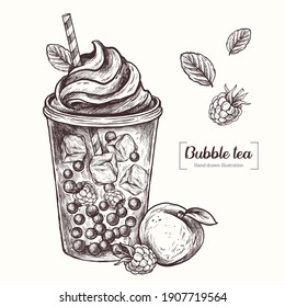 Bubble tea in graphic style. Drink with ice and tapioca. Peach, raspberry, mint. Vector Hand Drawn in doodle style. Sketch Botanical Illustration. Eco healthy food. 