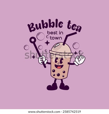 Bubble tea groovy retro mascot character on violet background. Vector flat logo with bubbles. Vintage milk tea drink cartoon design illustration, trendy stickers, branding identity for web.
