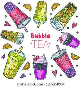 Bubble tea hand drawn illustration. Cocktail collection. Bubble tea vector illustration. Drink set. Design template.