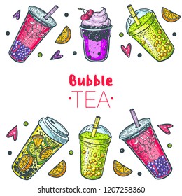 Bubble tea hand drawn illustration. Cocktail collection. Bubble tea vector illustration. Drink set. Design template.