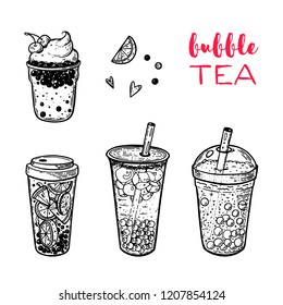 Bubble tea hand drawn illustration. Cocktail collection. Bubble tea vector illustration. Drink set. Design template.