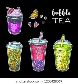 Bubble tea hand drawn illustration. Cocktail collection. Bubble tea vector illustration. Drink set. Design template.