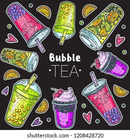 Bubble tea hand drawn illustration. Cocktail collection. Bubble tea vector illustration. Drink set. Design template.