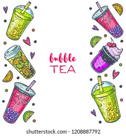 Bubble tea hand drawn illustration. Cocktail collection. Bubble tea vector illustration. Drink set. Design template.