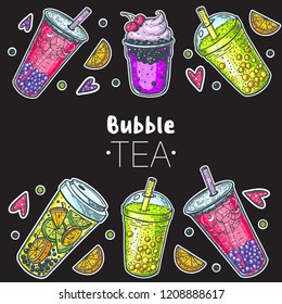 Bubble tea hand drawn illustration. Cocktail collection. Bubble tea vector illustration. Drink set. Design template.