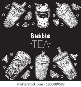 Bubble tea hand drawn illustration. Cocktail collection. Bubble tea vector illustration. Drink set. Design template.