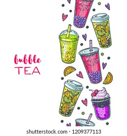 Bubble tea hand drawn illustration. Cocktail collection. Bubble tea vector illustration. Drink set. Design template.