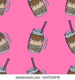 Bubble Tea Hand Drawn Seamless Pattern. Boba Drink Doodle Vector Background.