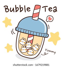 Bubble tea hand drawn. Star cartoon background. Cute rabbit bubble milk tea. Yummy writing. Vector. Illustration.