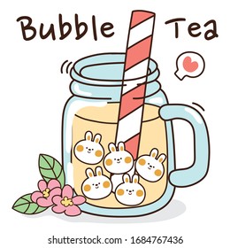 Bubble tea hand drawn. Tiny flowers with bubble milk tea flavor menu background. Cute rabbit pearl cartoon character .Vector. Illustration.