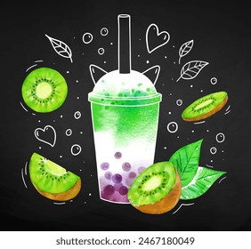 Bubble Tea hand drawn vector illustration with kiwi fruit slices and line art doodles on chalkboard background