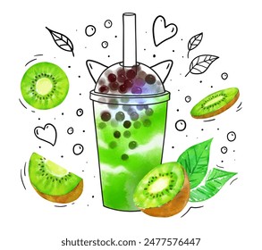 Bubble Tea hand drawn vector watercolor illustration with kiwi fruit slices and line art doodles	
