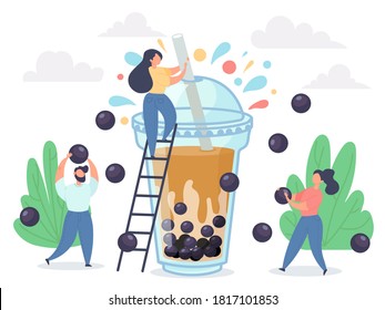 Bubble tea. Happy small people characters and pearl milk tea in big cups, delicious taiwanese milkshake asian drink with tapioca balls, vector concept. Woman mixing drink with straw