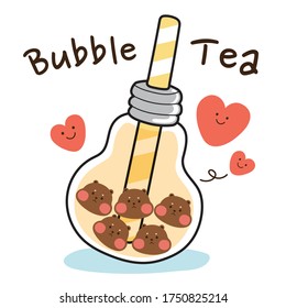 Bubble tea with heart hand drawn.Cute cartoon bear.Kawaii.Vector.Illustration.