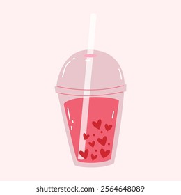 Bubble tea with heart shaped tapioca. Saint Valentines day drink illustration.