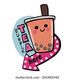 Bubble tea here logo vintage style cartoon vector illustration