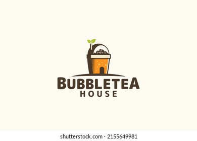 bubble tea house logo with a combination of a house, bubble tea, cup, and leaf.