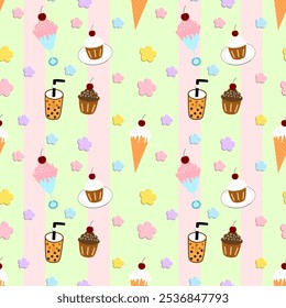 Bubble tea, ice cream, cupcake on green background with pink lines , seamless pattern 