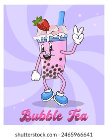 Té de burbujas con hielo y fresa ilustración de la mascota de dibujos animados personaje, signo de la paz, Vector de arte de Clip dibujado a mano, bebida rosa con burbujas negras.