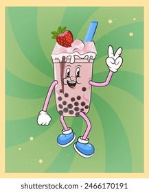 Té de burbujas con hielo y fresa ilustración de la mascota de dibujos animados personaje, signo de la paz, Vector de arte de Clip dibujado a mano, bebida rosa con burbujas negras sobre fondo verde