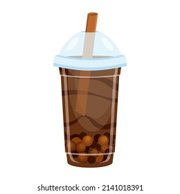 Bubble tea iced coffee drink in a plastic cup icon vector. Chocolate milkshake in a plastic cup with a straw icon vector isolated on a white background. Coffee boba tea tapioca pearls design element