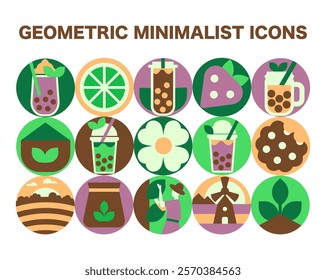 Bubble Tea Icon Set. Abstract Geometric Round Icons of Harvesting and Flavorful Drinks