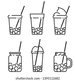 Bubble tea icon set in line style, with milk tea, shake, drink, pouring, boba juice and more. vector line illustration