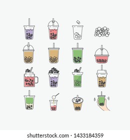 Bubble tea icon set,milk tea, shake, drink, pouring, boba juice and more Vector Symbol color, summer illustration