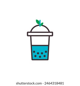 Bubble Tea Icon Vector Flat Design. Cold Drink Symbol in Plastic Cup with Tapioca Pearls and Leaves.