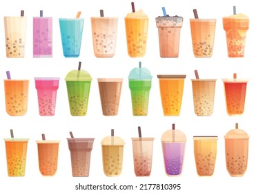 Bubble tea icons set cartoon vector. Asian balls. Beverage cups