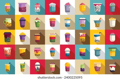 Bubble tea icons set flat vector. Asian balls cups. Drink milk tea