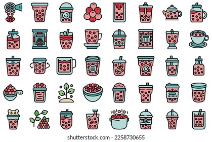 Bubble tea icons set outline vector. Asian balls. Cups drink color line on white isolated