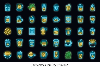 Bubble tea icons set outline vector. Asian balls. Cups drink neon color on black