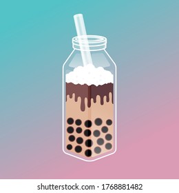 Bubble tea illustration background with delicious tapioca and jelly. Boba tea illustration design. Milk tea ads and logo template. Isometric glass bottle with the straw.