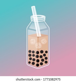 Bubble tea illustration background with delicious tapioca and jelly. Boba tea illustration design. Milk tea ads and logo template. Isometric glass bottle with the straw.