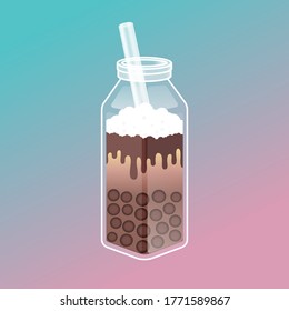 Bubble tea illustration background with delicious tapioca and jelly. Boba tea illustration design. Milk tea ads and logo template. Isometric glass bottle with the straw.