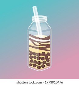 Bubble tea illustration background with delicious tapioca and jelly. Boba tea illustration design. Milk tea ads and logo template. Isometric glass bottle with the straw.