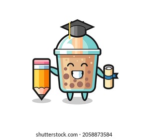 bubble tea illustration cartoon is graduation with a giant pencil , cute style design for t shirt, sticker, logo element