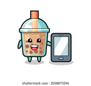 bubble tea illustration cartoon holding a smartphone , cute style design for t shirt, sticker, logo element