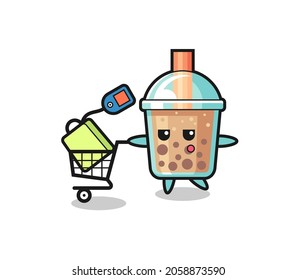 bubble tea illustration cartoon with a shopping cart , cute style design for t shirt, sticker, logo element