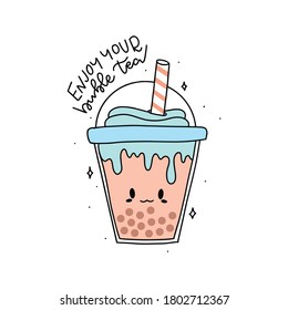 Bubble Tea illustration. Cute bubble tea in plastic container. Vector illustration. 