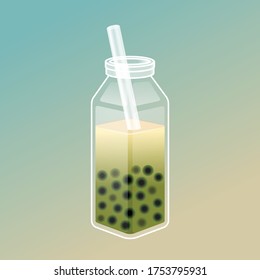 Bubble tea illustration with delicious tapioca and jelly. Boba tea illustration design for Milk Tea Ads and Logo template. Isometric glass bottle with the straw