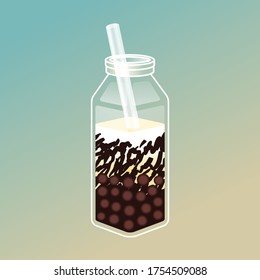 Bubble tea illustration with delicious tapioca and jelly. Boba tea illustration design. Milk tea ads and logo template. Isometric glass bottle with the straw.