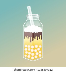 Bubble tea illustration with delicious tapioca and jelly. Boba tea illustration design. Milk tea ads and logo template. Isometric glass bottle with the straw.