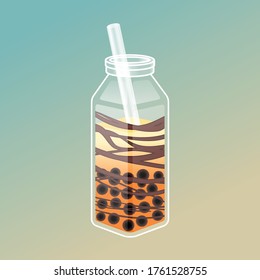 Bubble tea illustration with delicious tapioca and jelly. Boba tea illustration design. Milk tea ads and logo template. Isometric glass bottle with the straw.