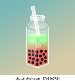 Bubble tea illustration with delicious tapioca and jelly. Boba tea illustration design. Milk tea ads and logo template. Isometric glass bottle with the straw.