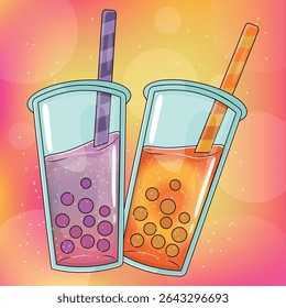 Bubble Tea Illustration with Straw and Tapioca Pearls.Vector image of a drink. Glass with a drink and a straw. Two glasses. Tea with balls